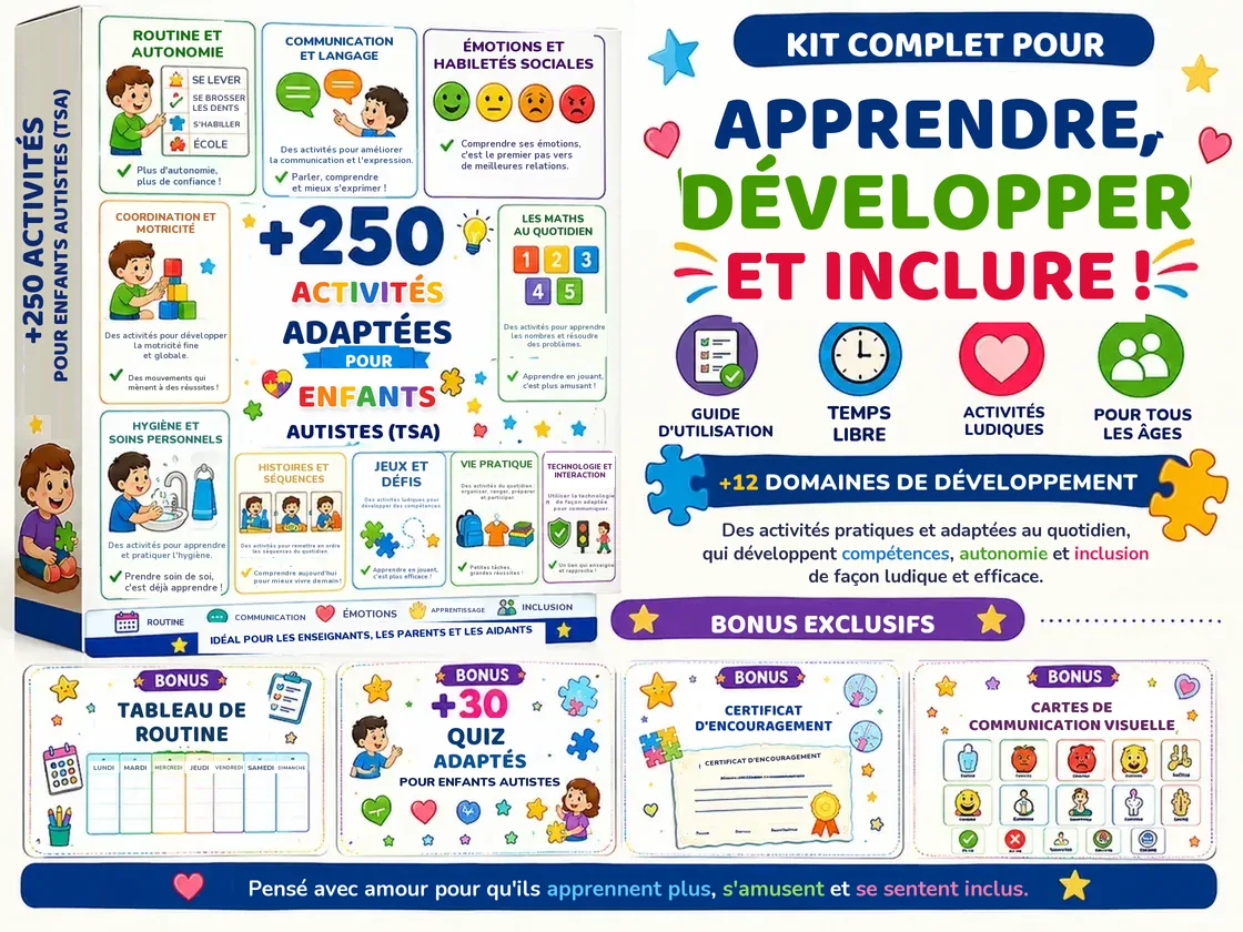 Tout ce qui est inclus : le cahier de plus de 250 activités adaptées et les 4 bonus